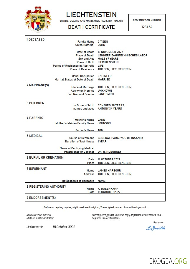 Acte d'état civil du Liechtenstein Modèle Word et PDF d'acte de décès